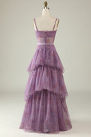Load image into Gallery viewer, Purple Floral Print Spaghetti Straps Tulle Corset Prom Dress