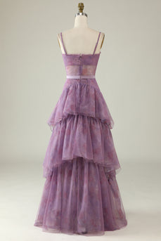 Purple Floral Print Spaghetti Straps Tulle Corset Prom Dress