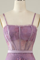 Load image into Gallery viewer, Purple Floral Print Spaghetti Straps Tulle Corset Prom Dress