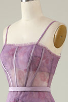Load image into Gallery viewer, Purple Floral Print Spaghetti Straps Tulle Corset Prom Dress