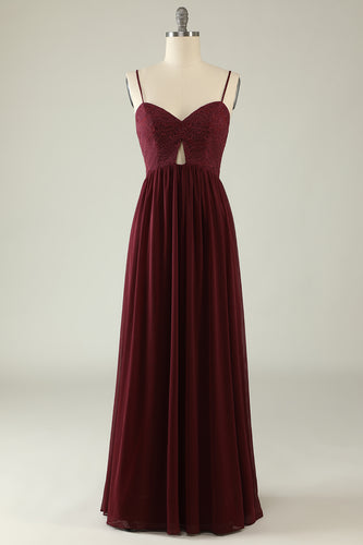 Burgundy Spaghetti Straps Lace Wedding Guest Dress with Hollow-out