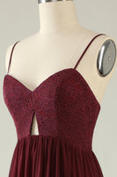 Load image into Gallery viewer, Burgundy Spaghetti Straps Lace Wedding Guest Dress with Hollow-out