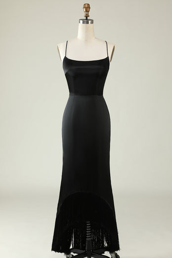 Black Spaghetti Straps Satin Prom Dress with Fringes