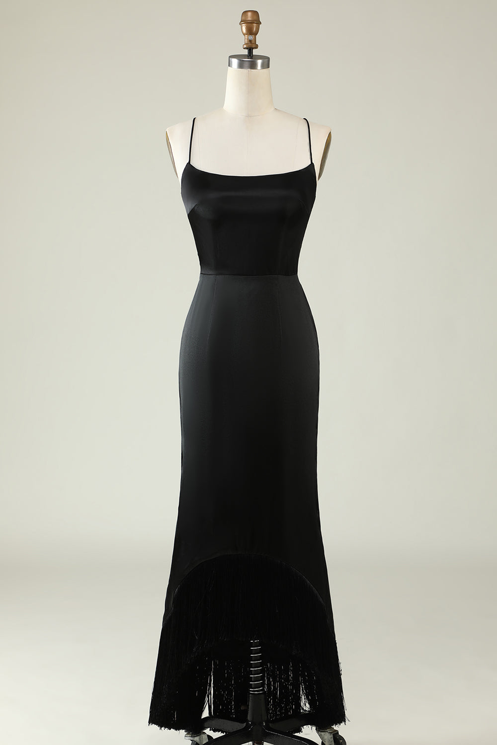 Black Spaghetti Straps Satin Prom Dress with Fringes
