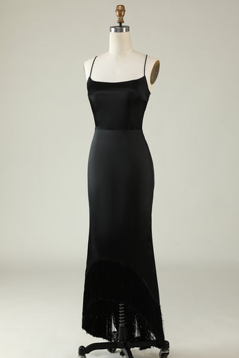 Black Spaghetti Straps Satin Prom Dress with Fringes