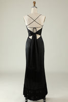 Load image into Gallery viewer, Black Spaghetti Straps Satin Prom Dress with Fringes
