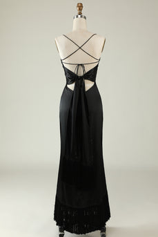 Black Spaghetti Straps Satin Prom Dress with Fringes