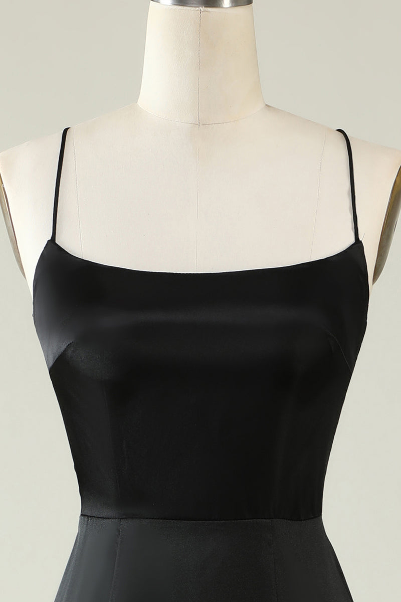 Load image into Gallery viewer, Black Spaghetti Straps Satin Prom Dress with Fringes