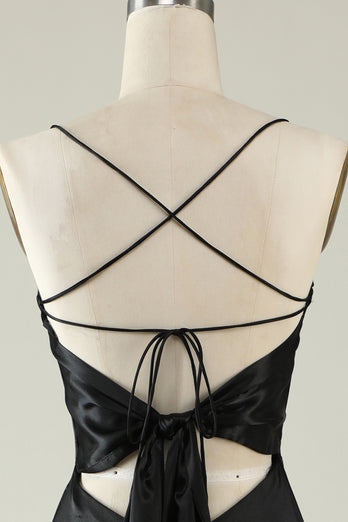 Black Spaghetti Straps Satin Prom Dress with Fringes