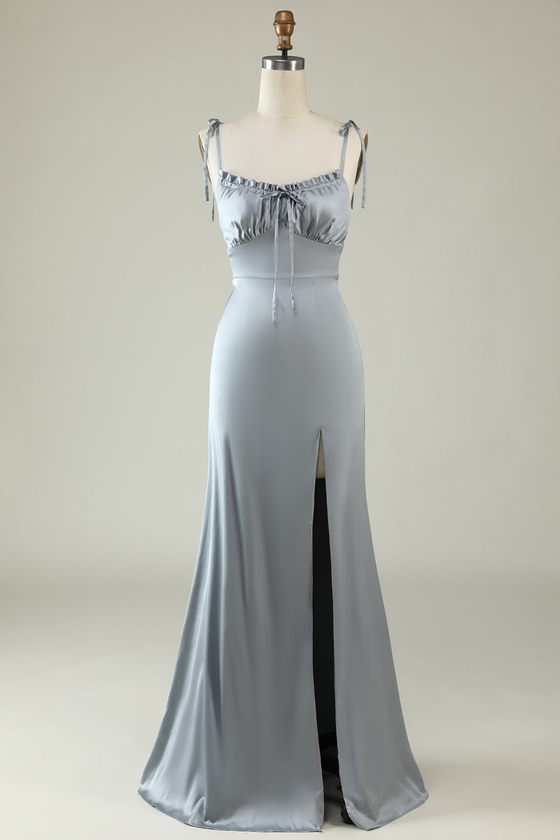 Load image into Gallery viewer, Spaghetti Straps Grey Satin Prom Formal Dress with Slit