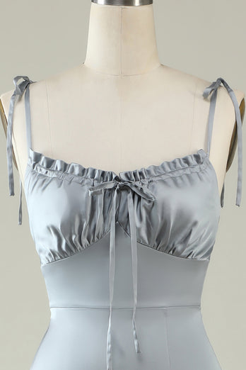 Spaghetti Straps Grey Satin Prom Formal Dress with Slit