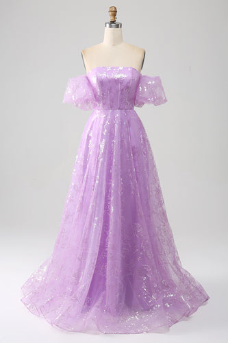 Lilac A Line Convertible Off The Shoulder Long Corset Prom Dress