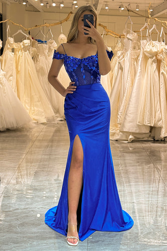 Royal Blue Sparkly Mermaid Off The Shoulder Long Prom Dress With Appliques