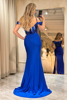 Royal Blue Sparkly Mermaid Off The Shoulder Long Prom Dress With Appliques