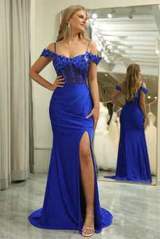 Sparkly Mermaid Royal Blue Long Prom Dress With Appliques