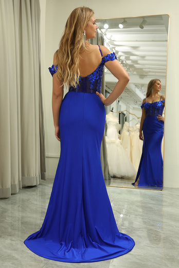 Sparkly Mermaid Royal Blue Long Prom Dress With Appliques
