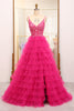 Load image into Gallery viewer, Fuchsia Spaghetti Straps A-Line Tulle Beaded Prom Dress With Slit