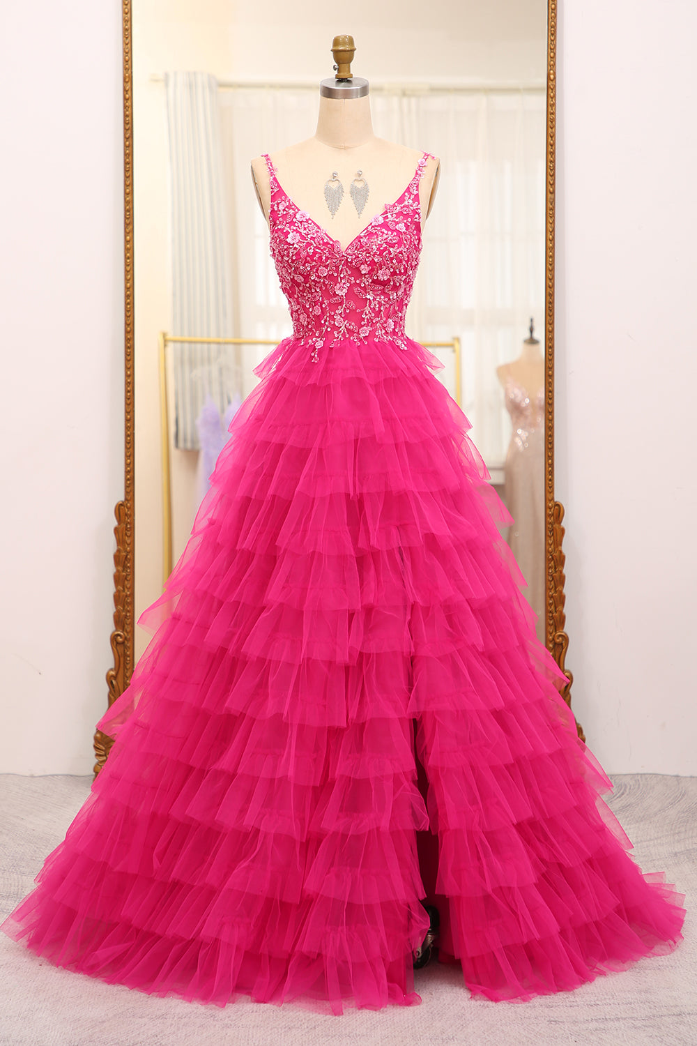 Fuchsia Spaghetti Straps A-Line Tulle Beaded Prom Dress With Slit