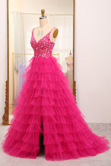 Fuchsia Spaghetti Straps A-Line Tulle Beaded Prom Dress With Slit