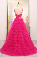 Load image into Gallery viewer, Fuchsia Spaghetti Straps A-Line Tulle Beaded Prom Dress With Slit
