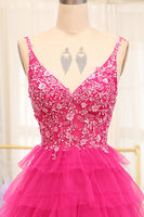 Load image into Gallery viewer, Fuchsia Spaghetti Straps A-Line Tulle Beaded Prom Dress With Slit