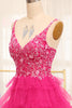 Load image into Gallery viewer, Fuchsia Spaghetti Straps A-Line Tulle Beaded Prom Dress With Slit