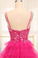 Load image into Gallery viewer, Fuchsia Spaghetti Straps A-Line Tulle Beaded Prom Dress With Slit