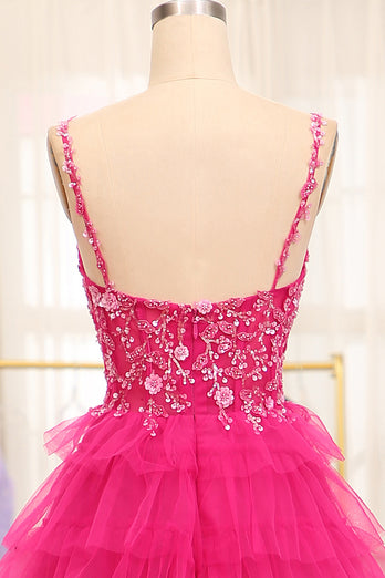 Fuchsia Spaghetti Straps A-Line Tulle Beaded Prom Dress With Slit