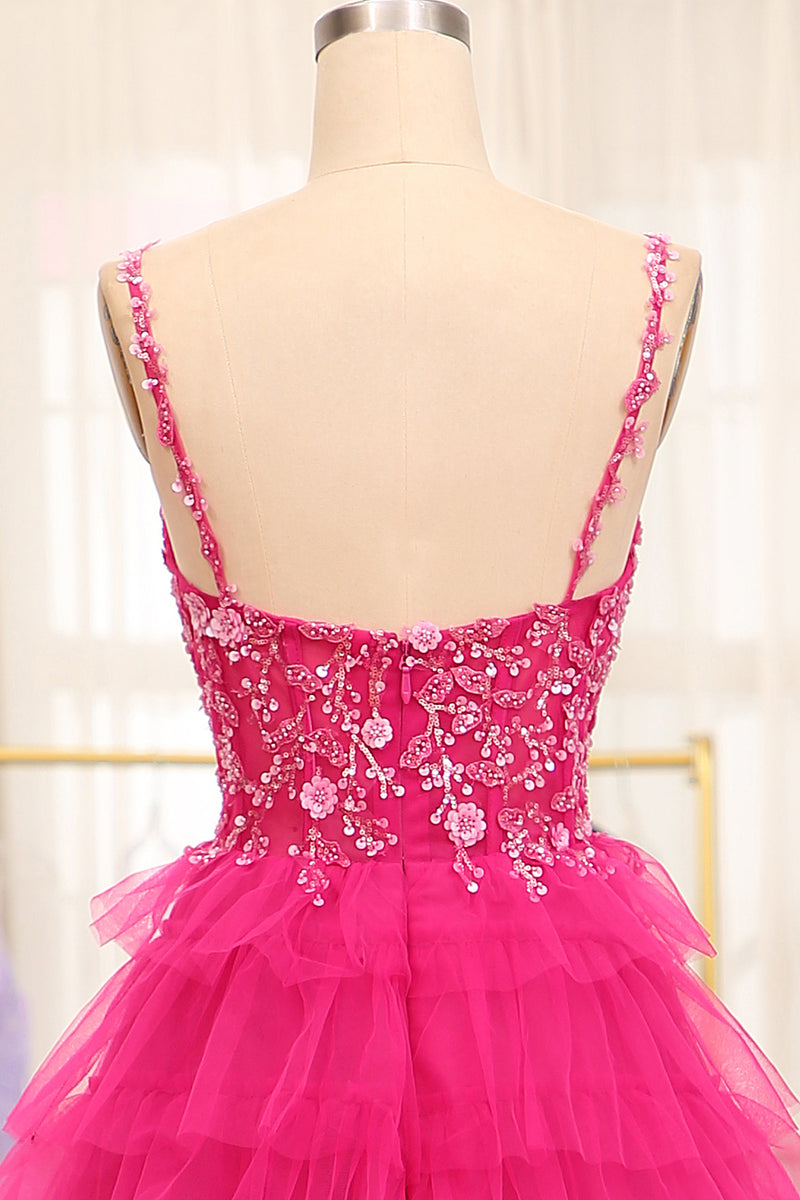 Load image into Gallery viewer, Fuchsia Spaghetti Straps A-Line Tulle Beaded Prom Dress With Slit