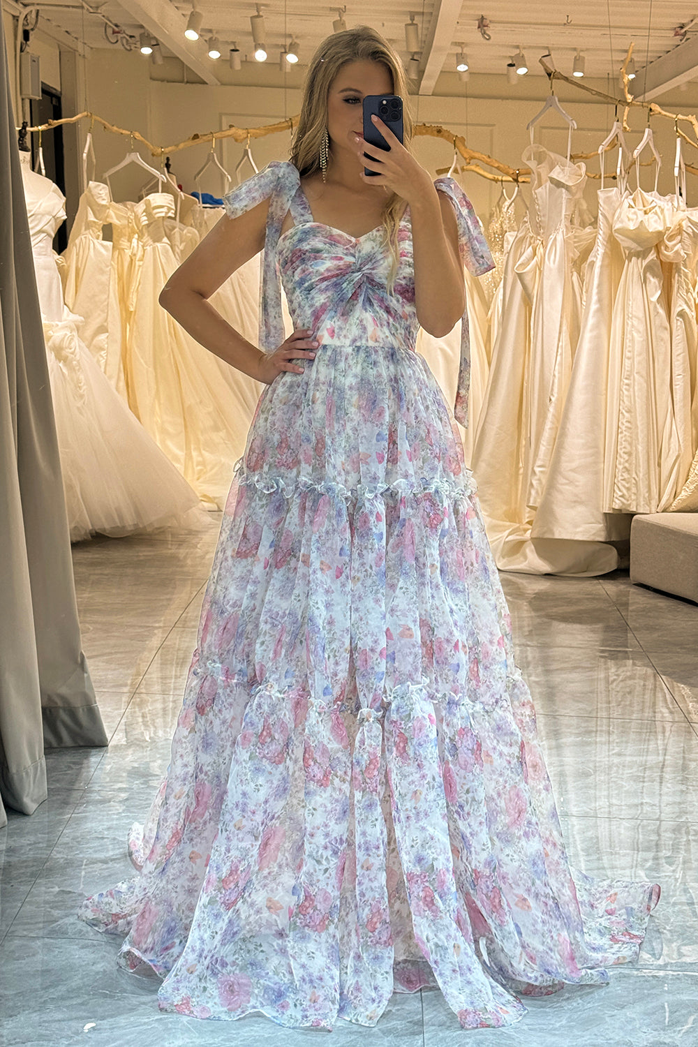 A Line Pink Print Adjustable Straps Long Prom Dress