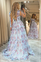 Load image into Gallery viewer, A Line Pink Print Adjustable Straps Long Prom Dress