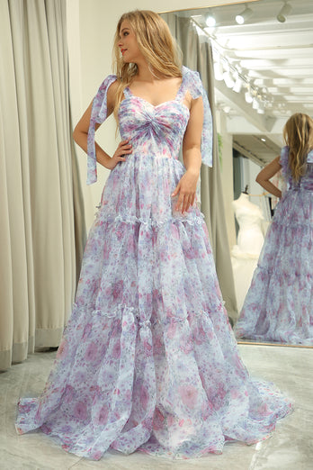 A Line Floral Print Adjustable Straps Long Prom Dress