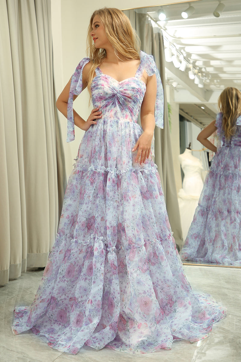 Load image into Gallery viewer, A Line Floral Print Adjustable Straps Long Prom Dress