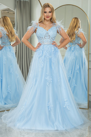Light Blue A-line Tulle Spaghetti Straps Corset Prom Dress with Feather