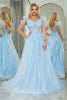 Load image into Gallery viewer, Light Blue A-line Tulle Spaghetti Straps Corset Prom Dress with Feather