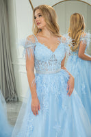 Load image into Gallery viewer, Light Blue A-line Tulle Spaghetti Straps Corset Prom Dress with Feather