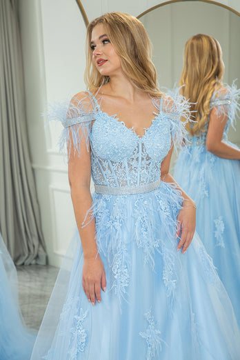 Light Blue A-line Tulle Spaghetti Straps Corset Prom Dress with Feather