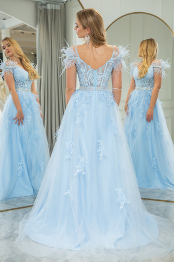 Light Blue A-line Tulle Spaghetti Straps Corset Prom Dress with Feather