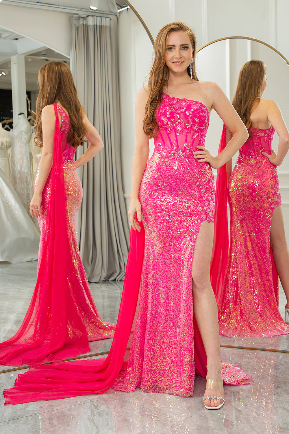 Fuchsia Mermaid Sequin One Shoulder Corset Long Prom Dress with Slit
