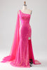 Load image into Gallery viewer, Mermaid One Shoulder Fuchsia Sequin Corset Long Prom Dress with Slit