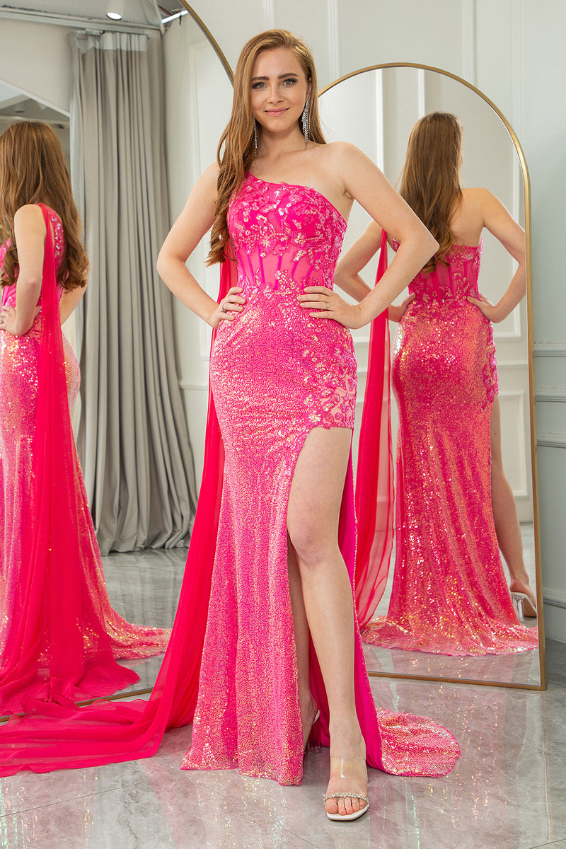 Load image into Gallery viewer, Fuchsia Mermaid Sequin One Shoulder Corset Long Prom Dress with Slit