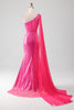 Load image into Gallery viewer, Mermaid One Shoulder Fuchsia Sequin Corset Long Prom Dress with Slit