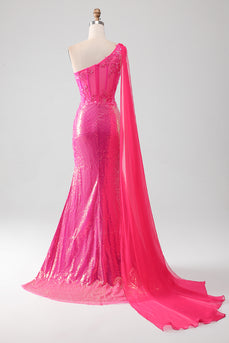 Mermaid One Shoulder Fuchsia Sequin Corset Long Prom Dress with Slit