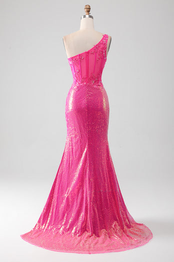 Mermaid One Shoulder Fuchsia Sequin Corset Long Prom Dress with Slit