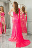 Load image into Gallery viewer, Fuchsia Mermaid Sequin One Shoulder Corset Long Prom Dress with Slit