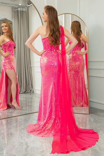 Fuchsia Mermaid Sequin One Shoulder Corset Long Prom Dress with Slit