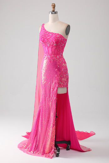 Mermaid One Shoulder Fuchsia Sequin Corset Long Prom Dress with Slit