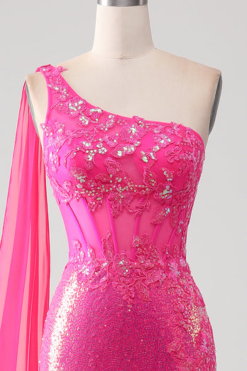 Mermaid One Shoulder Fuchsia Sequin Corset Long Prom Dress with Slit