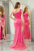 Load image into Gallery viewer, Fuchsia Mermaid Sequin One Shoulder Corset Long Prom Dress with Slit