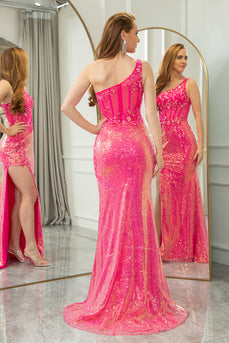 Fuchsia Mermaid Sequin One Shoulder Corset Long Prom Dress with Slit